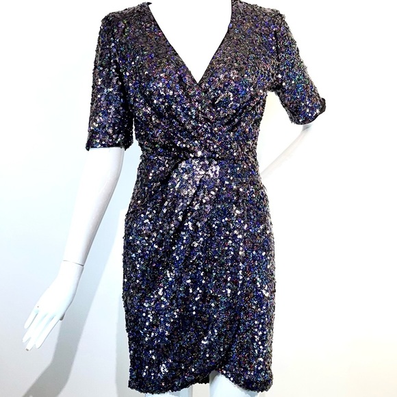 NWOT FRENCH CONNECTION Purple+ Multi Sequin Black Short Sleeved Dress Size: 4 - Picture 1 of 7